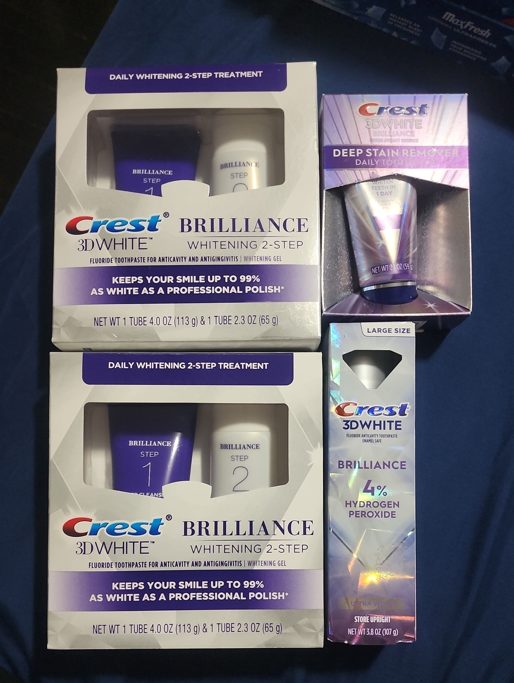 4 bulk crest Brilliance 3D White Whitening Set – Purple & White